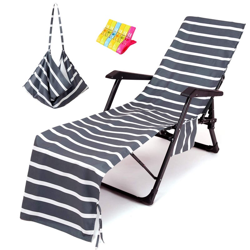 VOCOOL Beach Chair Towel Chaise Lounge Cover with Pockets Pool Chair Towel for Outdoor Patio Garden (Gray) - Image 1